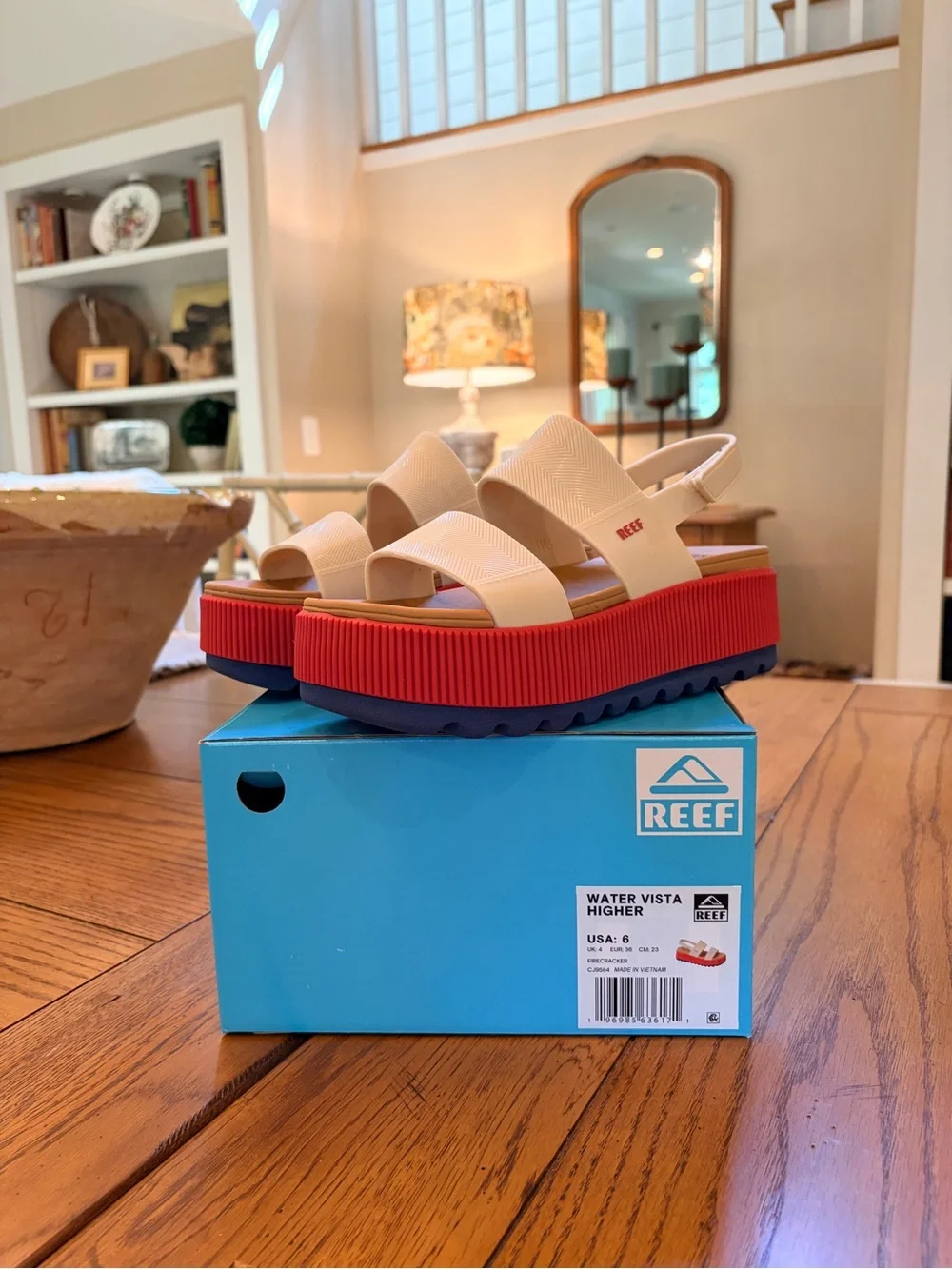REEF WATER VISTA HIGHER S 6  FIRECRACKER Platform Sandal in Cream, Red & Blue